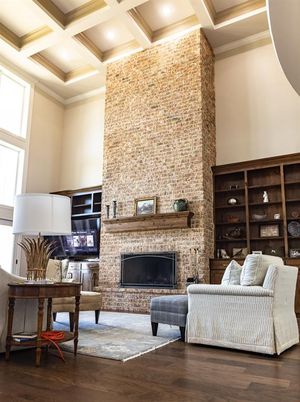 Fireplace, Interior, Living room, Recessed Lighting, Stone Walls, Wood Texture Flooring