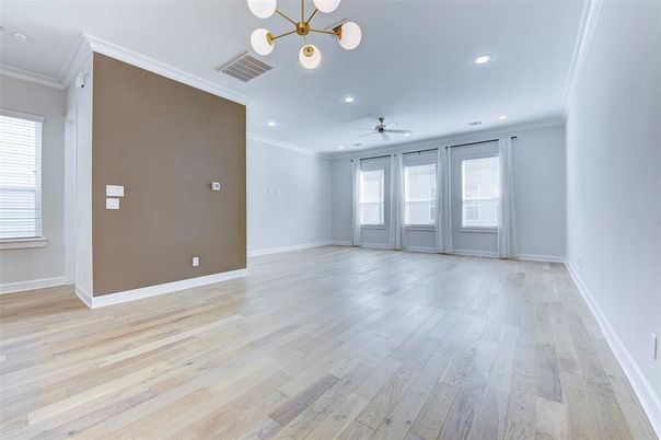 Empty room, Interior, Pendant Lights, Recessed Lighting, Wood Texture Flooring