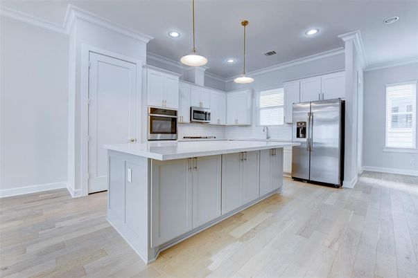 Interior, Kitchen, Pendant Lights, Recessed Lighting, Stainless Steel Appliances, Wood Texture Flooring