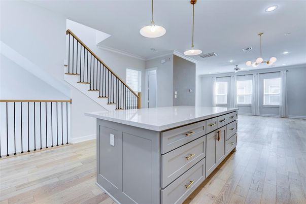 Interior, Kitchen, Pendant Lights, Recessed Lighting, Wood Texture Flooring