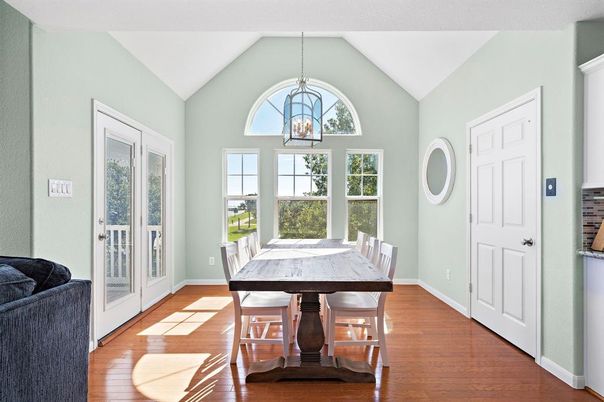 Dining room, Interior, Pendant Lights, Wood Texture Flooring