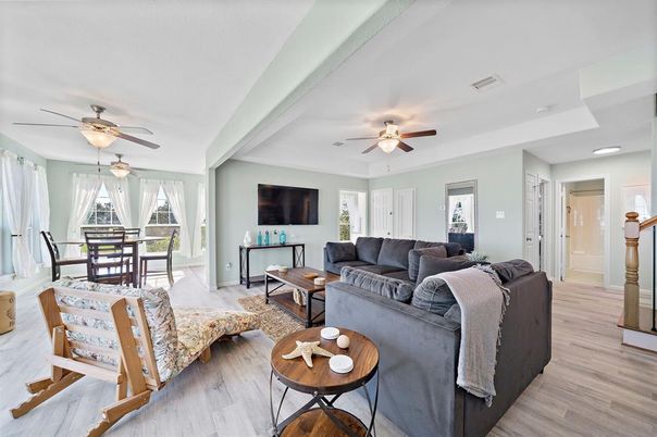 Dining room, Interior, Living room, Recessed Lighting, Wood Texture Flooring