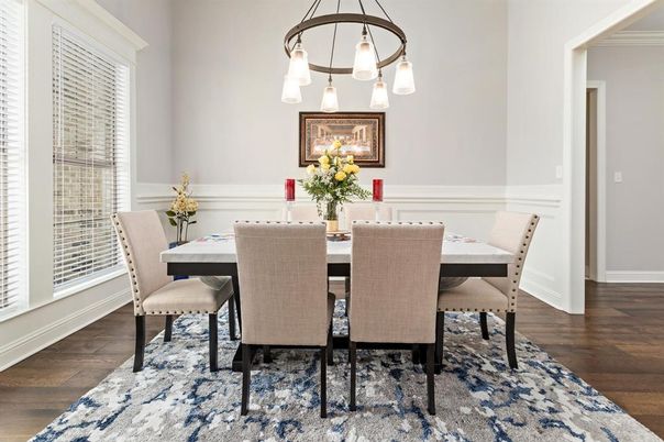 Dining room, Interior, Pendant Lights, Wood Texture Flooring