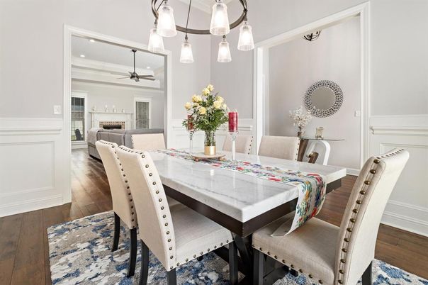 Dining room, Fireplace, Interior, Pendant Lights, Recessed Lighting, Wood Texture Flooring