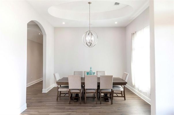Chandelier, Dining room, Interior, Pendant Lights, Recessed Lighting, Wood Texture Flooring