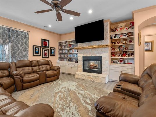 Home Theatre Room, Fireplace, Interior, Living room, Recessed Lighting, Wood Texture Flooring