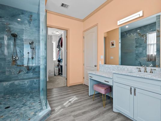Bathroom, Glass Shower, Interior, Recessed Lighting, Wood Texture Flooring