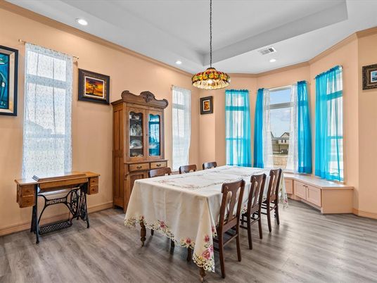 Dining room, Interior, Pendant Lights, Recessed Lighting, Wood Texture Flooring
