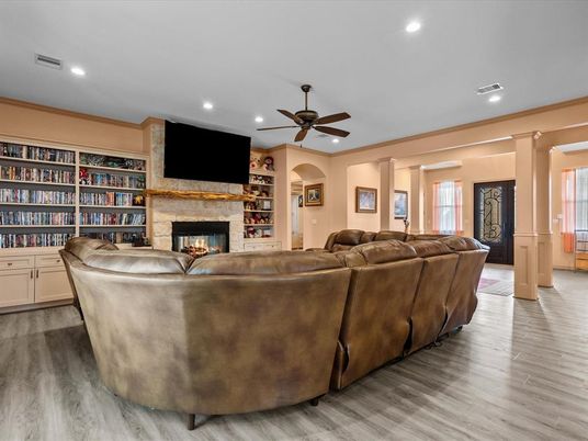 Fireplace, Interior, Living room, Recessed Lighting, Wood Texture Flooring
