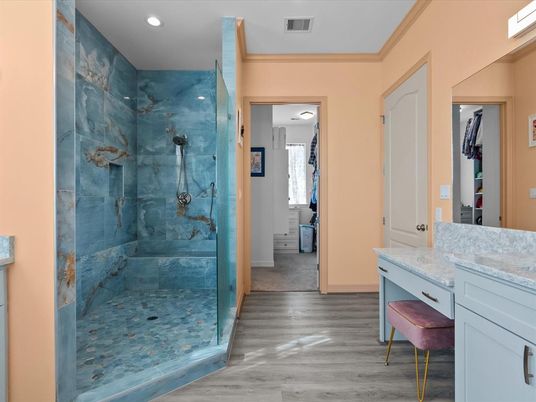 Bathroom, Glass Shower, Interior, Recessed Lighting, Wood Texture Flooring