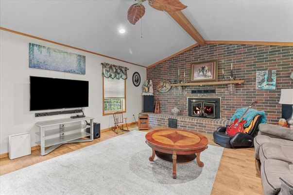 Fireplace, Interior, Recessed Lighting, Stone Walls, Wooden Beams, Wood Texture Flooring
