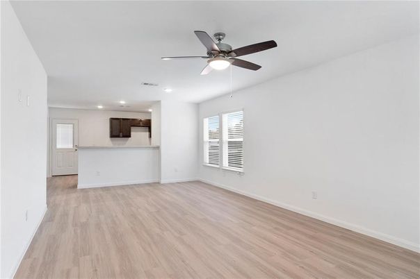 Empty room, Interior, Kitchen, Recessed Lighting, Wood Texture Flooring