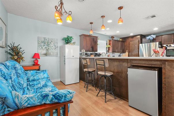 Interior, Kitchen, Pendant Lights, Recessed Lighting, Stainless Steel Appliances, Wood Texture Flooring