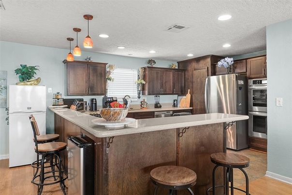 Interior, Kitchen, Pendant Lights, Recessed Lighting, Stainless Steel Appliances, Wood Texture Flooring