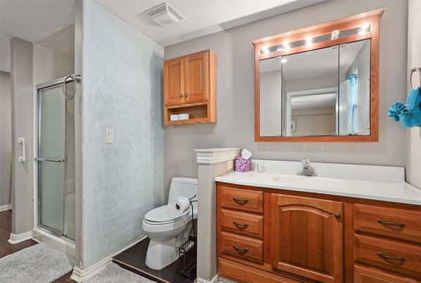 Bathroom, Glass Shower, Interior, Wood Texture Flooring