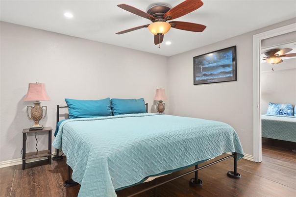 Bedroom, Interior, Recessed Lighting, Wood Texture Flooring