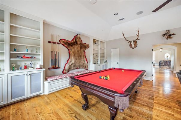 Billiard Table, Game Room, Interior, Recessed Lighting, Wood Texture Flooring
