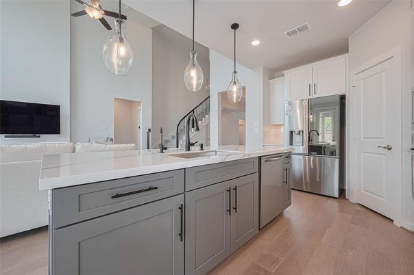 Interior, Kitchen, Pendant Lights, Recessed Lighting, Stainless Steel Appliances, Wood Texture Flooring