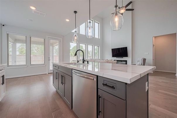 Interior, Kitchen, Pendant Lights, Recessed Lighting, Stainless Steel Appliances, Wood Texture Flooring