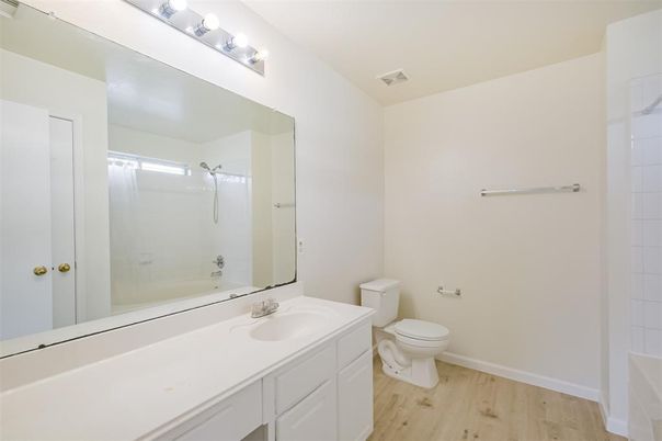 Bathroom, Glass Shower, Interior, Wood Texture Flooring