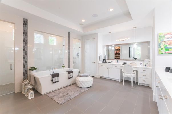 Bathroom, Dual Sink Vanities, Free Standing Baths, Glass Shower, Interior, Pendant Lights, Recessed Lighting