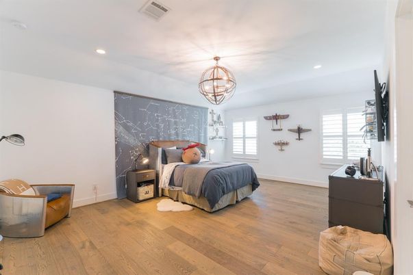 Bedroom, Chandelier, Interior, Recessed Lighting, Wood Texture Flooring