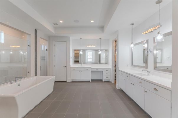 Bathroom, Dual Sink Vanities, Free Standing Baths, Interior, Pendant Lights, Recessed Lighting