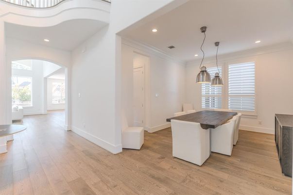 Dining room, Interior, Pendant Lights, Recessed Lighting, Wood Texture Flooring