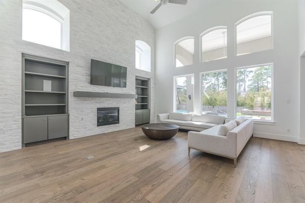 Fireplace, Interior, Living room, Stone Walls, Wood Texture Flooring