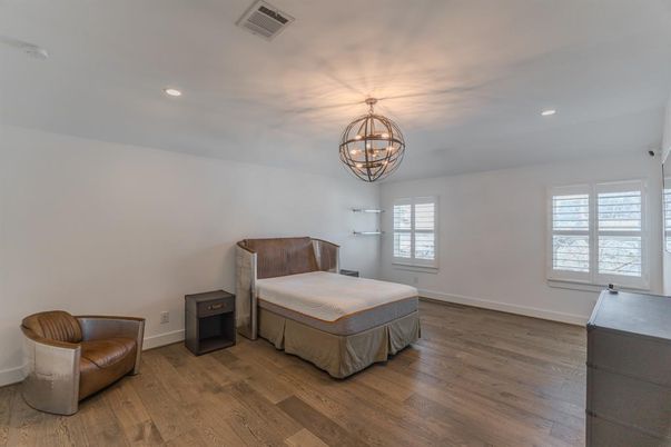 Bedroom, Chandelier, Interior, Recessed Lighting, Wood Texture Flooring