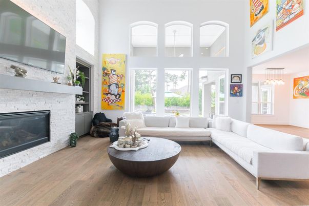 Fireplace, Interior, Living room, Pendant Lights, Wood Texture Flooring
