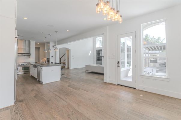 Interior, Kitchen, Pendant Lights, Recessed Lighting, Stainless Steel Appliances, Wood Texture Flooring