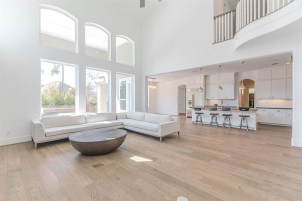 Interior, Kitchen, Living room, Pendant Lights, Wood Texture Flooring