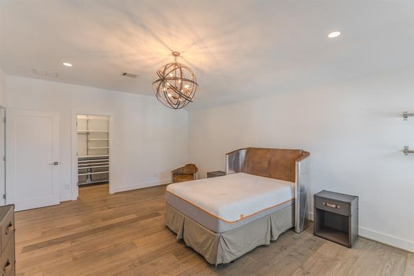 Bedroom, Chandelier, Interior, Recessed Lighting, Wood Texture Flooring