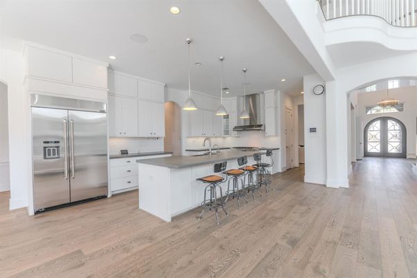 Interior, Kitchen, Pendant Lights, Recessed Lighting, Stainless Steel Appliances, Wood Texture Flooring