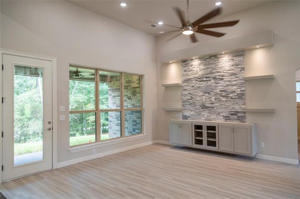 Empty room, Interior, Recessed Lighting, Stone Walls, Wood Texture Flooring