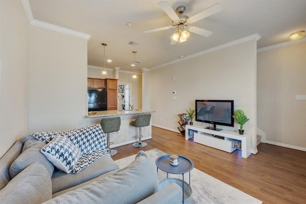 Interior, Kitchen, Living room, Pendant Lights, Recessed Lighting, Wood Texture Flooring