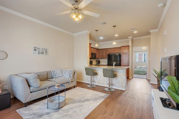 Interior, Kitchen, Living room, Pendant Lights, Recessed Lighting, Stainless Steel Appliances, Wood Texture Flooring