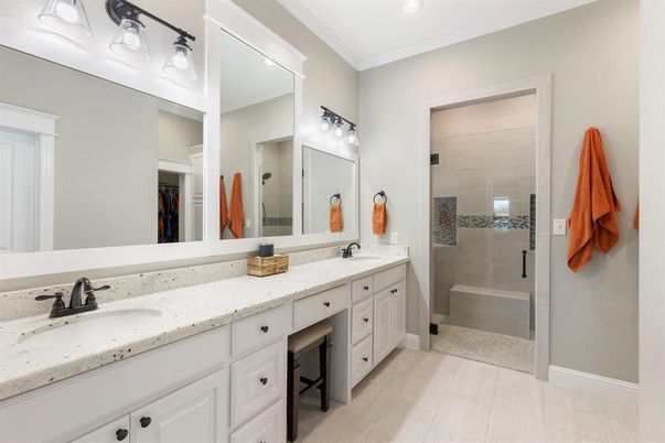 Bathroom, Dual Sink Vanities, Glass Shower, Interior, Recessed Lighting