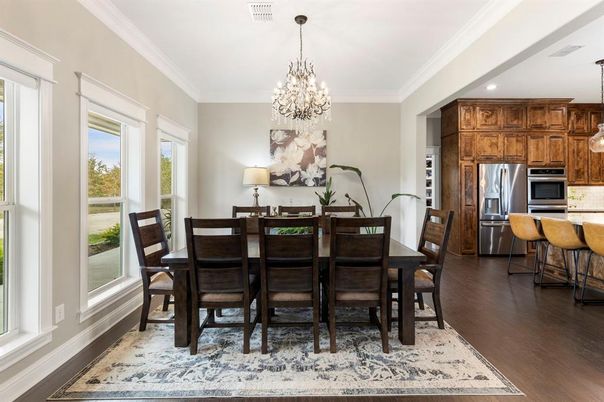 Chandelier, Dining room, Interior, Kitchen, Recessed Lighting, Stainless Steel Appliances, Wood Texture Flooring