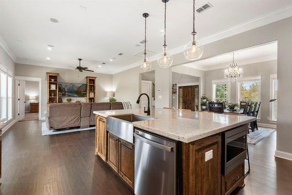 Chandelier, Dining room, Interior, Kitchen, Living room, Pendant Lights, Recessed Lighting, Wood Texture Flooring
