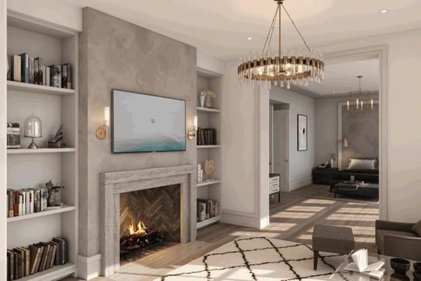 Chandelier, Fireplace, Interior, Pendant Lights, Recessed Lighting, Wood Texture Flooring