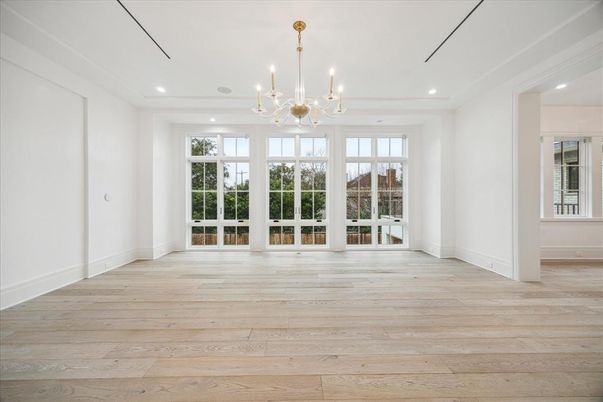 Chandelier, Empty room, Interior, Recessed Lighting, Wood Texture Flooring