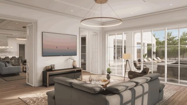 Interior, Living room, Pendant Lights, Recessed Lighting, Wood Texture Flooring