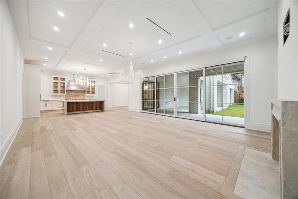 Chandelier, Empty room, Interior, Kitchen, Pendant Lights, Recessed Lighting, Wood Texture Flooring