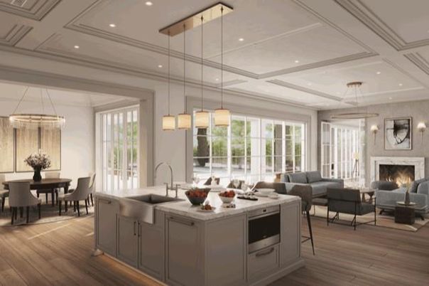 Dining room, Fireplace, Interior, Living room, Pendant Lights, Recessed Lighting, Wood Texture Flooring