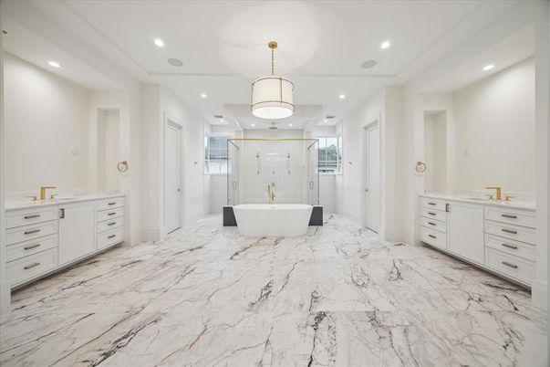Bathroom, Dual Sink Vanities, Free Standing Baths, Glass Shower, Interior, Marble, Pendant Lights, Recessed Lighting