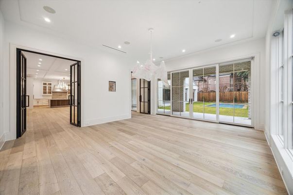 Chandelier, Empty room, Interior, Pendant Lights, Recessed Lighting, Wood Texture Flooring