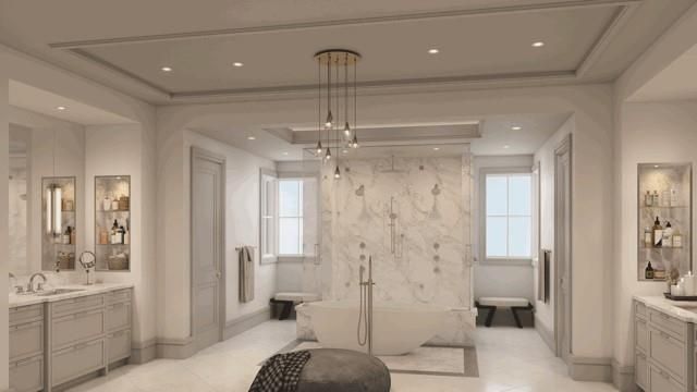 Bathroom, Free Standing Baths, Glass Shower, Interior, Marble, Marble Walls, Pendant Lights, Recessed Lighting