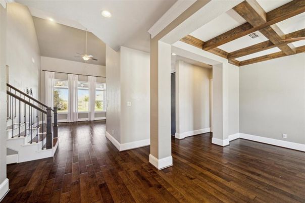 Empty room, Interior, Recessed Lighting, Wooden Beams, Wood Texture Flooring